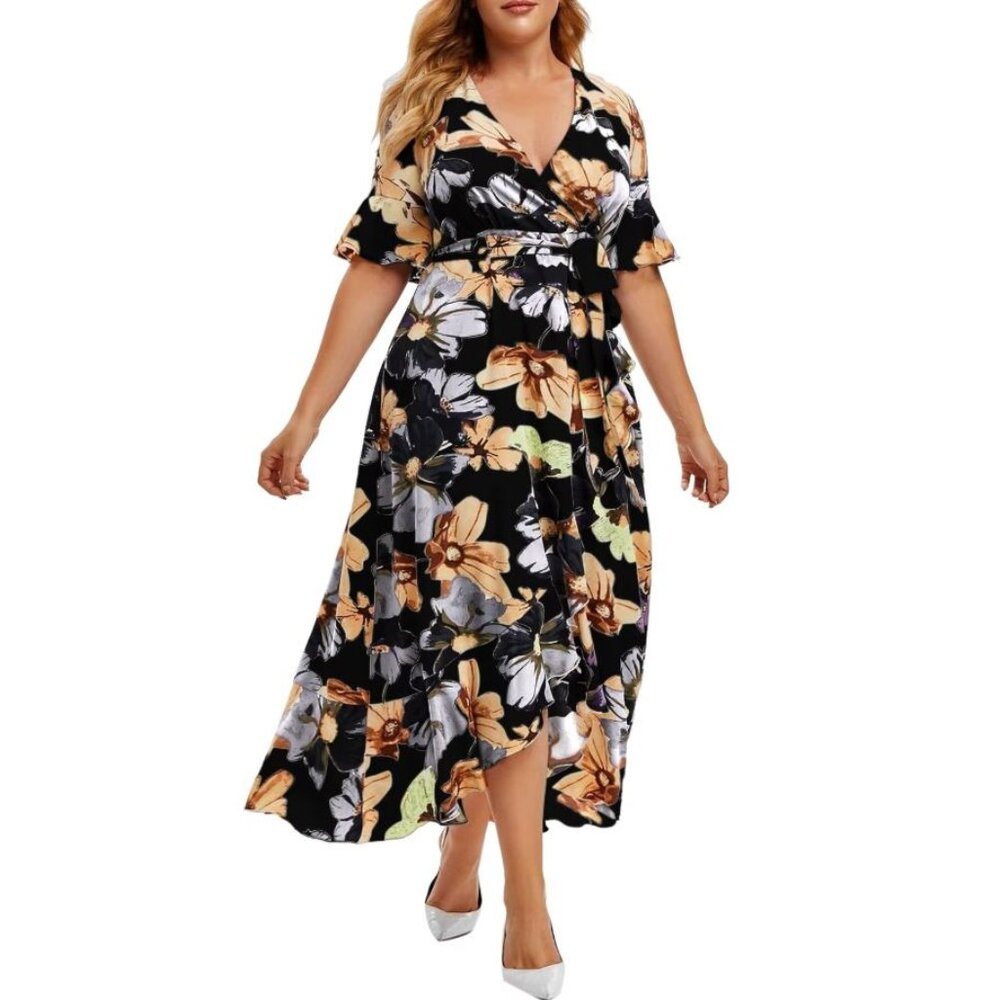 Women Plus Size Floral Short Sleeve V Neck Wrap  Front A line Belted Dress, 2XL